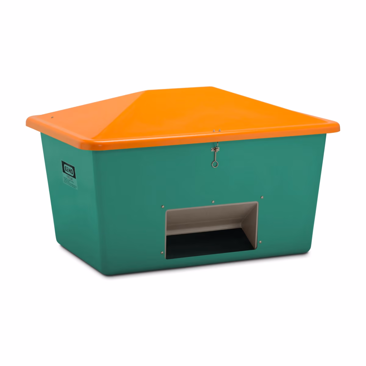 CEMO Streugutbehälter 1.100 l, grün/orange, mit Entnahmeöffnung (Herstellerbild)