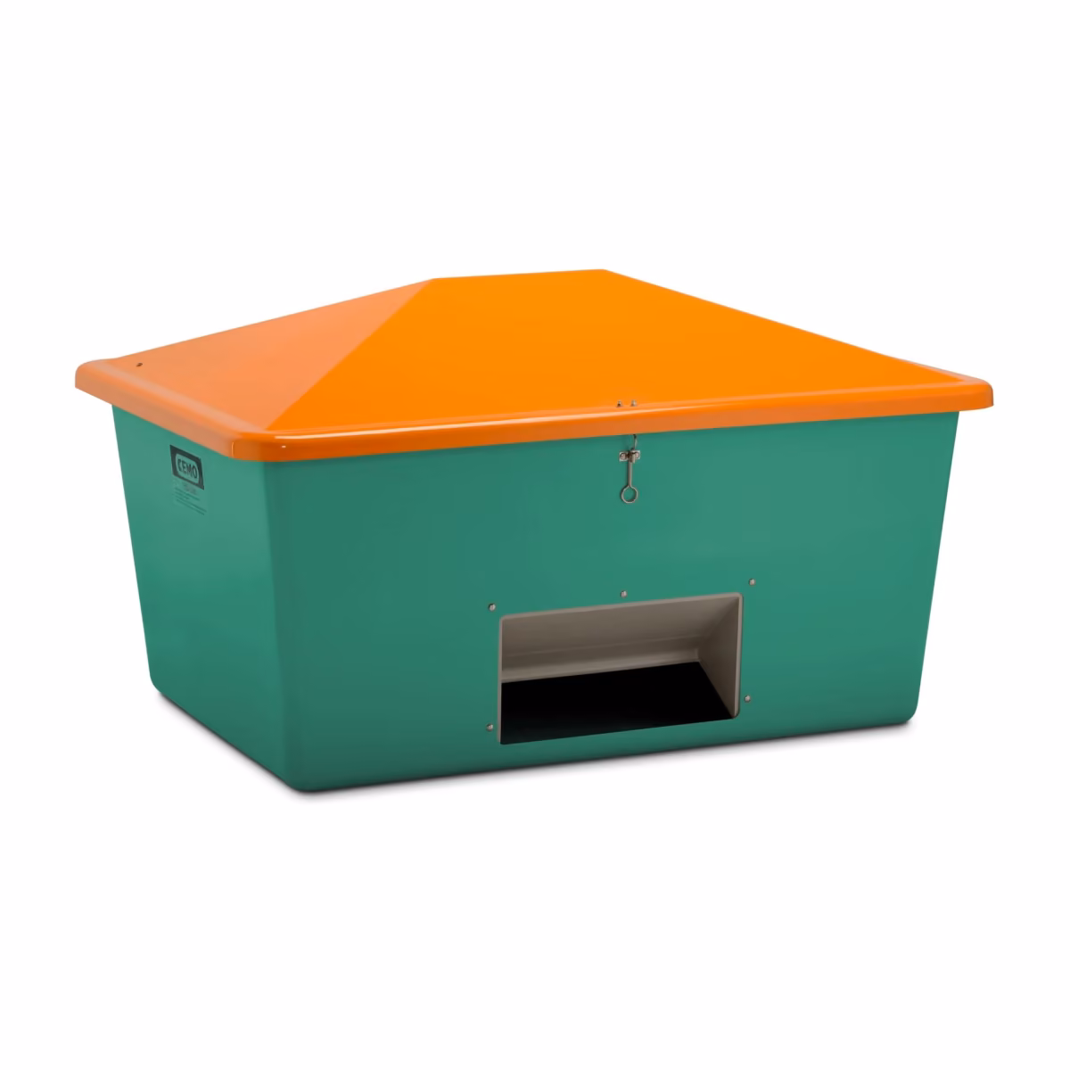 CEMO Streugutbehälter 1.500 l, grün/orange, mit Entnahmeöffnung (Herstellerbild)