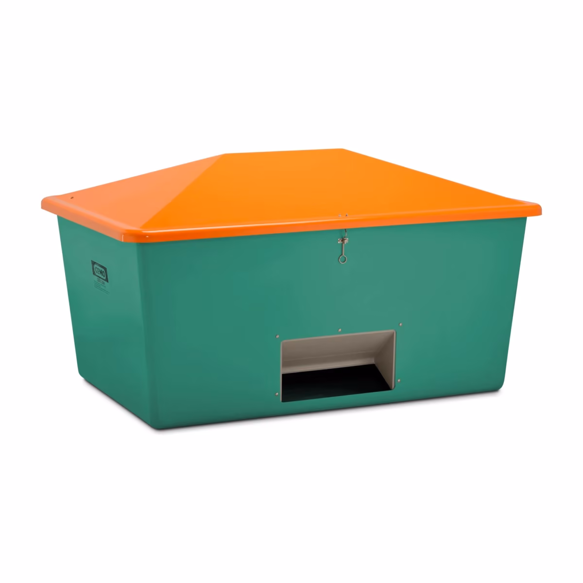 CEMO Streugutbehälter 2.200 l, grün/orange, mit Entnahmeöffnung (Herstellerbild)