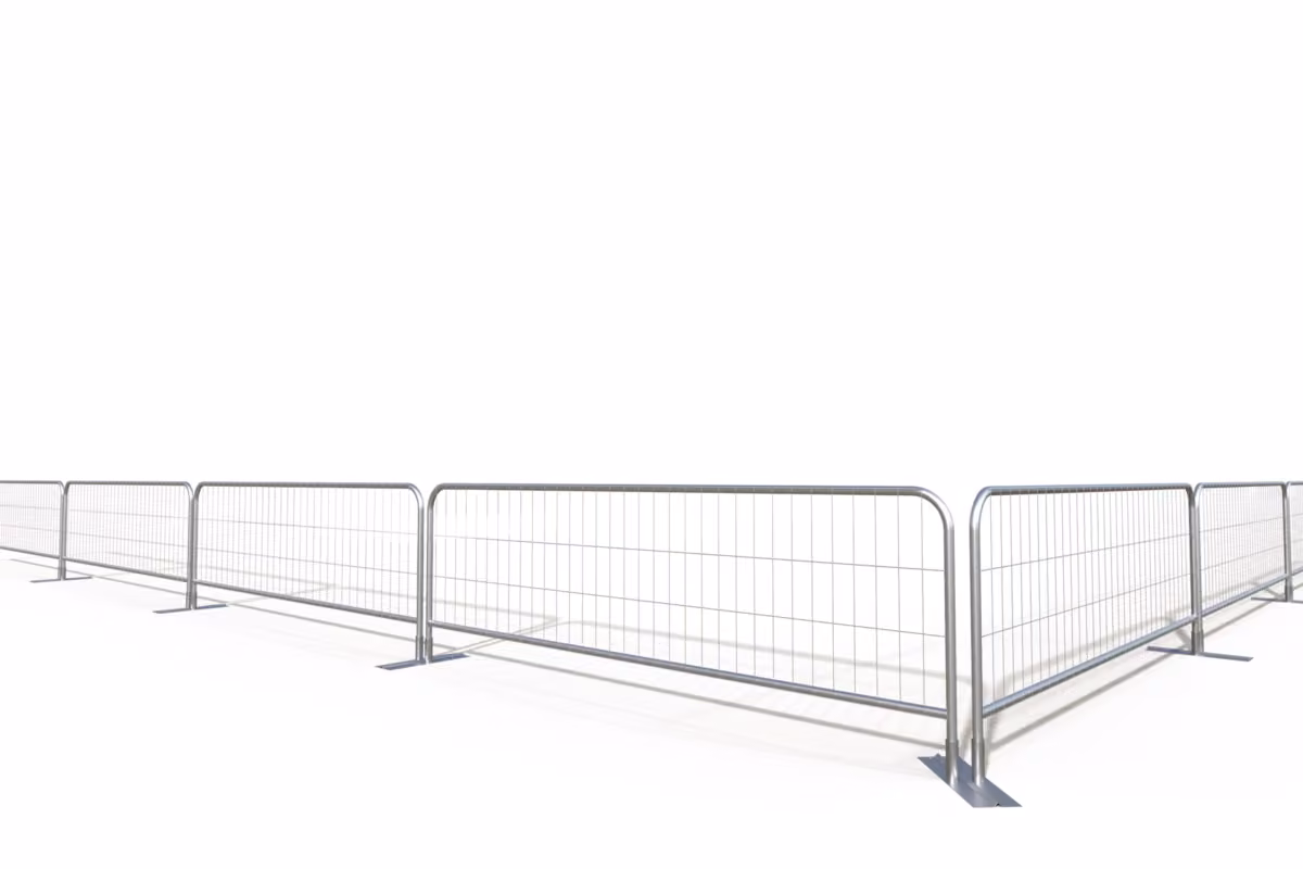 Heras Mobilzaun Round Top M100 (halbhoch 1,20 m) als Zaunlinie mit Betonfüßen